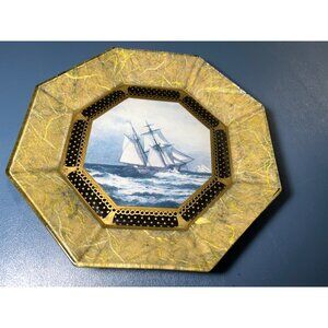 Durwin Rice Vtg Octagonal Glass Decoupage Signed Art Glass Plate Sailing Ship